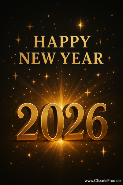 Grußkarte zum Neujahr 2026 mit goldenen Zahlen und Buchstaben