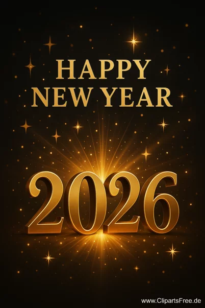 Grußkarte zum Neujahr 2026 mit goldenen Zahlen und Buchstaben