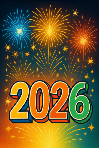 Silvesterkarte mit Feuerwerken und Zahl 2026