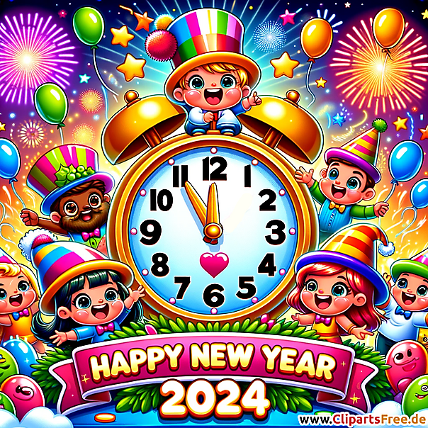 Frohes Neues Jahr 2024 bunte Illustration