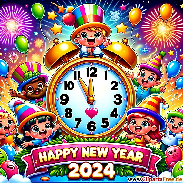 Frohes Neues Jahr 2024 bunte Illustration