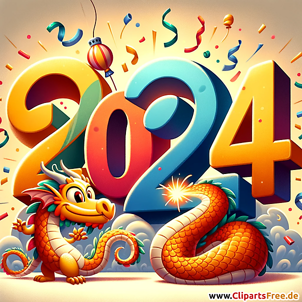 Frohes Neues Jahr 2024 Cartoon Clipart