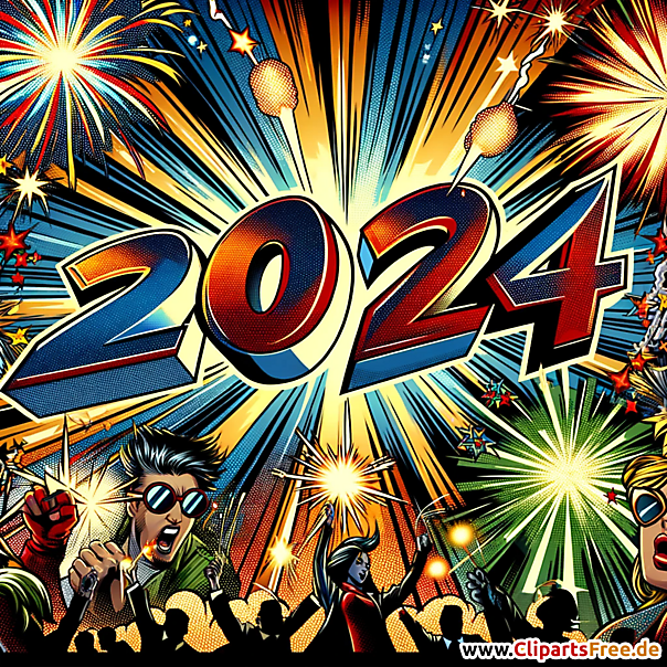 Frohes Neues Jahr 2024 Clipart in Comicstil