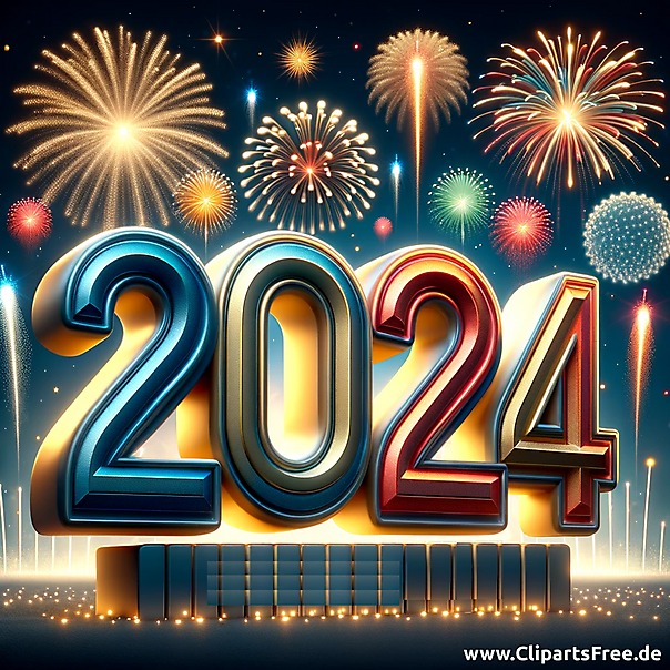 Frohes Neues Jahr 2024 Illustration mit Feuerwerken und Zahlen