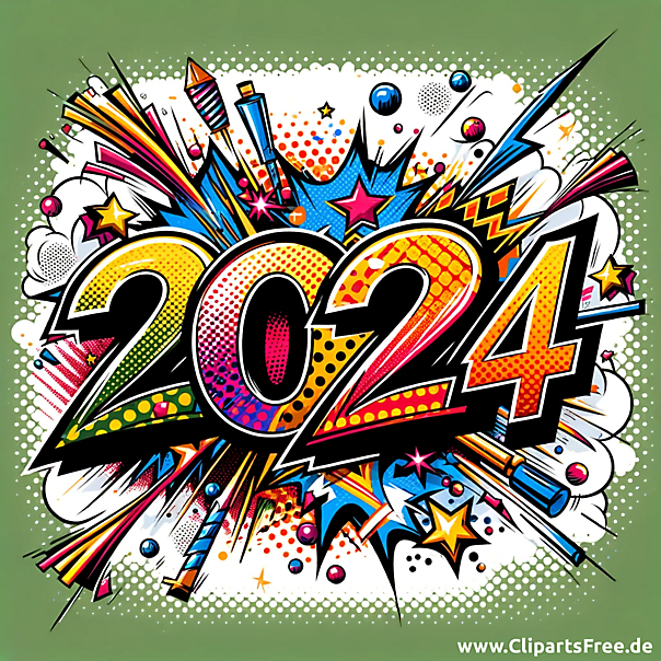 Happy New Year 2024 Illustration im Comicstil