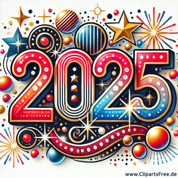 Bunte Collage zum Silvester 2025 mit Sternen, Zahlen und Feuerwerken