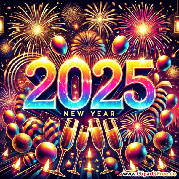 Feuerwerke und Zahl 2025 zum Silvester Clip-Art