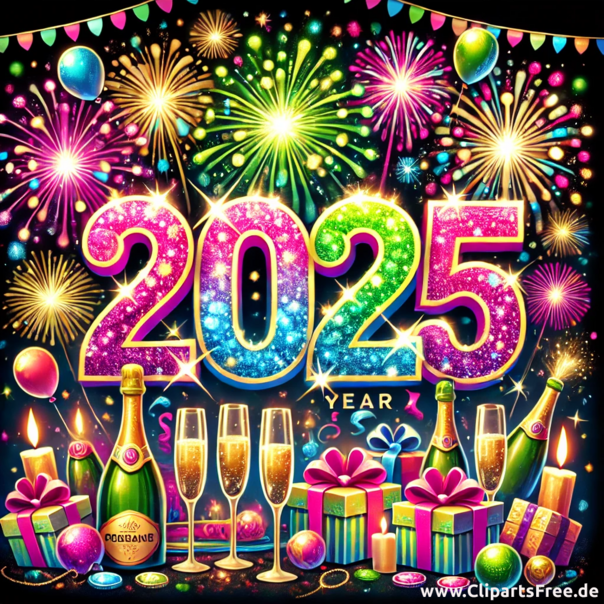 Neujahr 2025 Clipart mit buntenFeuerwerken