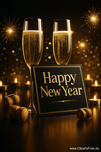 Gläser mit Sekt mit Schriftzug 'Happy New Year'
