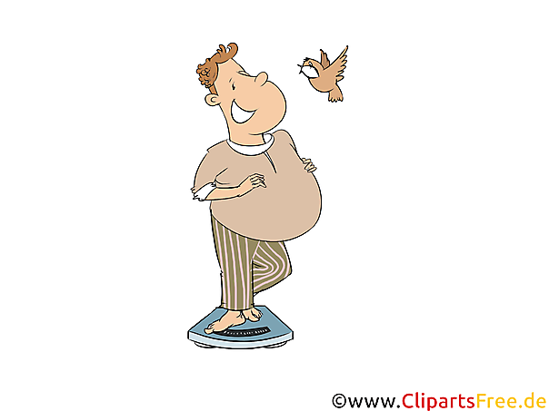 Gewicht reduzieren Mann auf Waage Clipart, Illustration, Bild