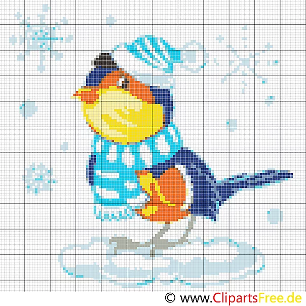 Stickvorlagen gratis Winter, Gimpel, Weihnachten