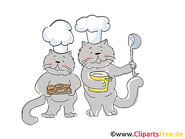 Zwei Katzen mit Kochmützen und Löffel Clipart, Bild, Illustration