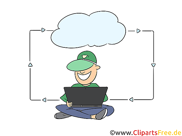 Freelancer arbeitet im Internet via Cloud Clipart, Illustration, Cartoon