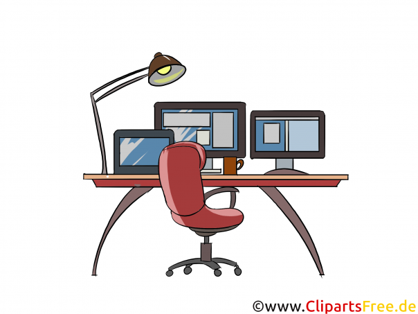 Arbeitsplatz mit vielen Bildschirmen Clipart, Bild, Illustration