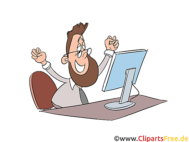 Freudiger Mensch am PC bei der Arbeit Clipart, Bild, Illustration