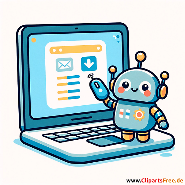 Roboter und Notebook Clipart zum Thema IT-Entwicklung