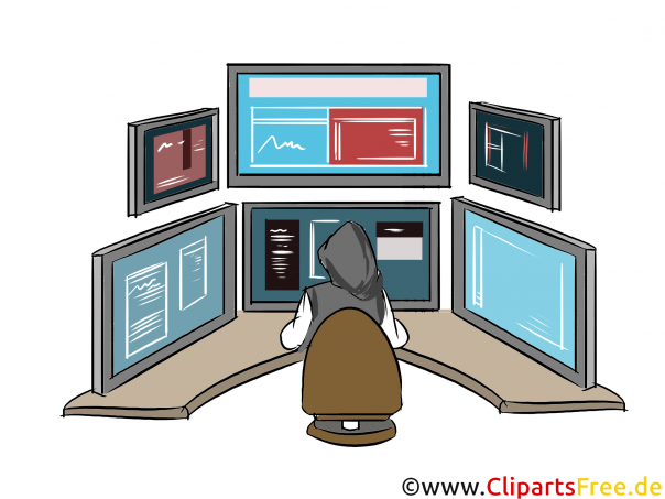 Arbeitsplatz eines Traders mit vielen Monitoren Clipart, Bild
