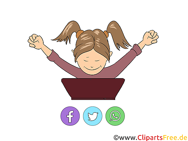 Hurra, freudiges Mädchen am Computer Clipart, Bild, Illustration