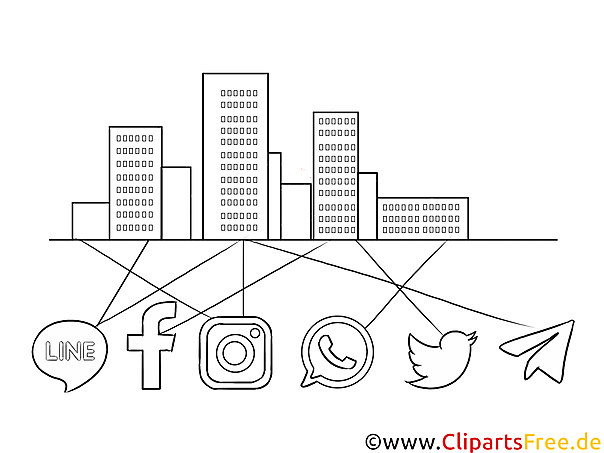 Schwarz-weiss Clipart Stadtlandschaft und Vernetzung in sozialen Netzwerken