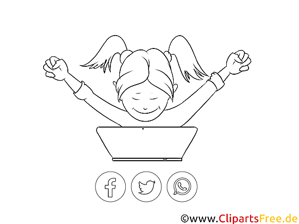 Schwarz-weisses Clipart Mädchen arbeitet am Notebook