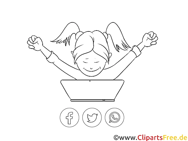 Schwarz-weisses Clipart Mädchen arbeitet am Notebook