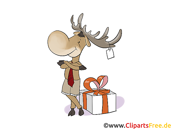 Elch mit Geschenk zu Weihnachten Clipart, Bild, Illustration