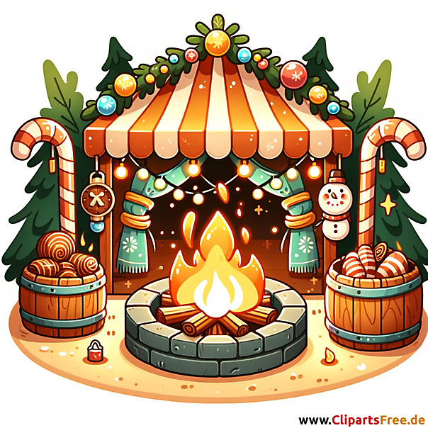 Feuerstelle am Weihnachtsmarkt Clipart-Bild im Cartoonstil