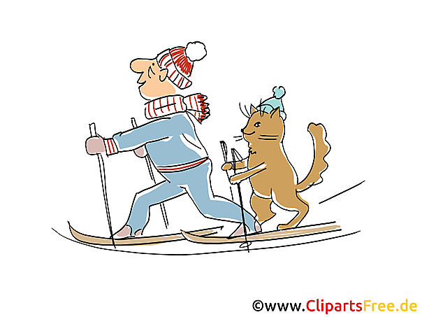 Mann und Kater fahren Ski im Winter Cartoon, Clipart, Bild, Illustration