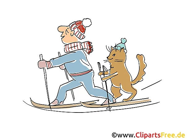 Mann und Kater fahren Ski im Winter Cartoon, Clipart, Bild, Illustration
