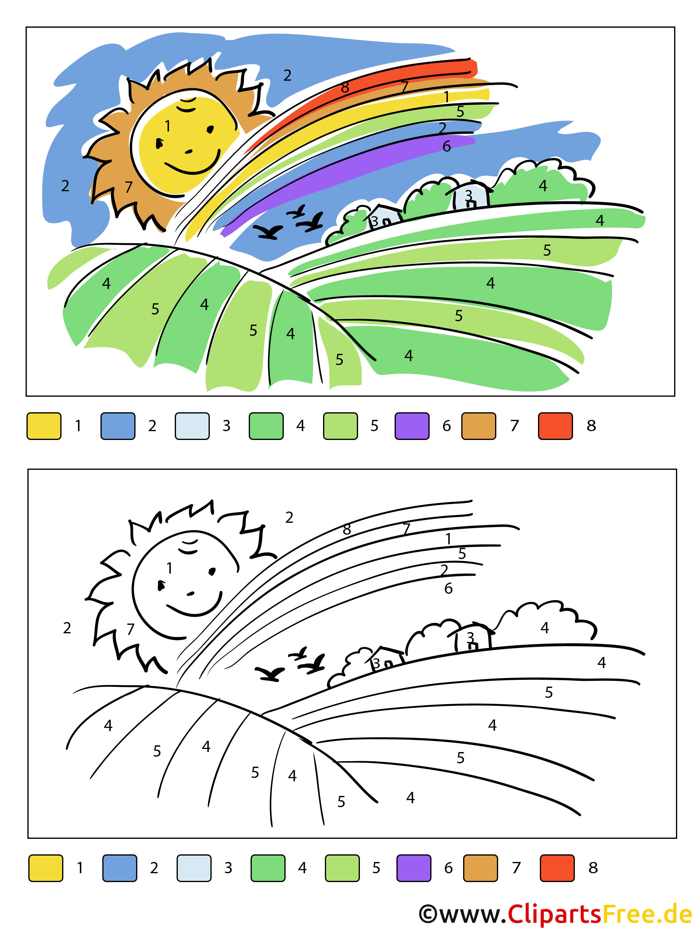 Sonne und Regenbogen Bild zum Malen nach Zahlen