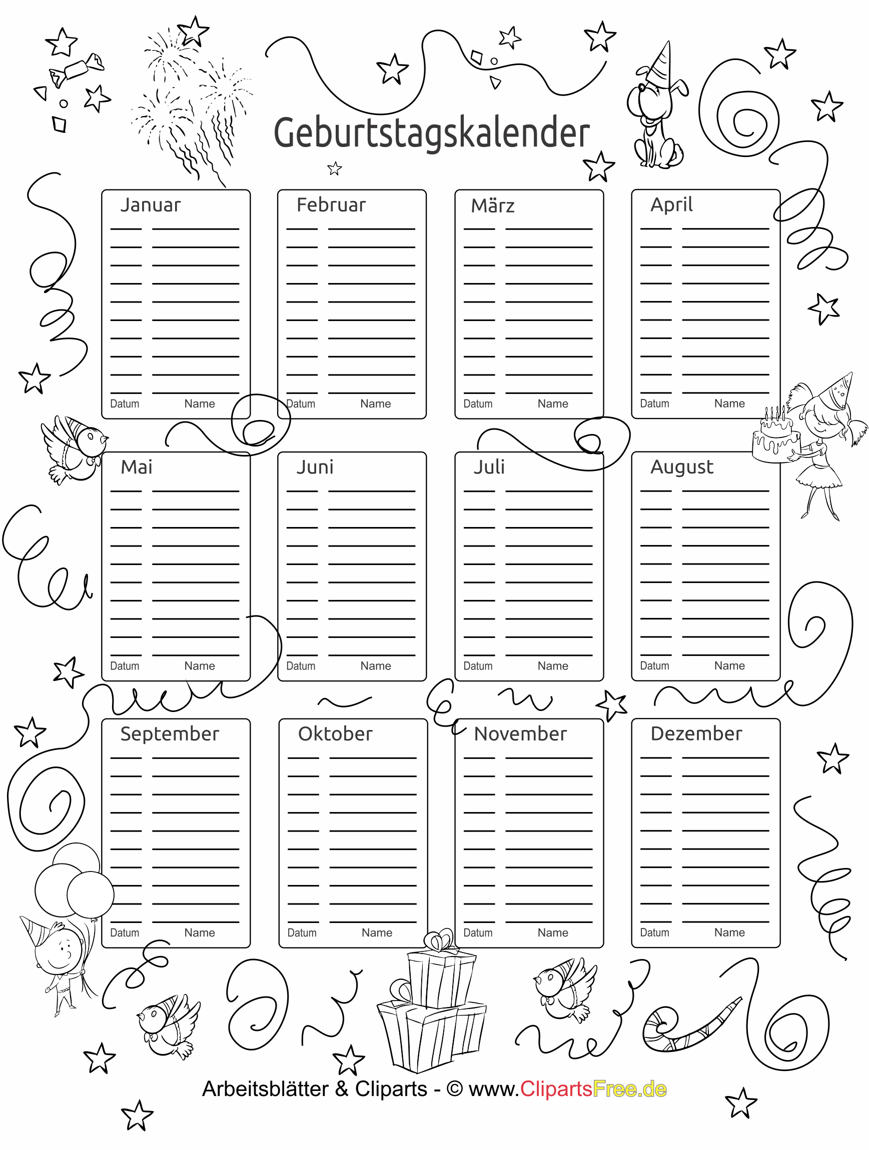Geburtstagskalender für Kindergarten zum Drucken
