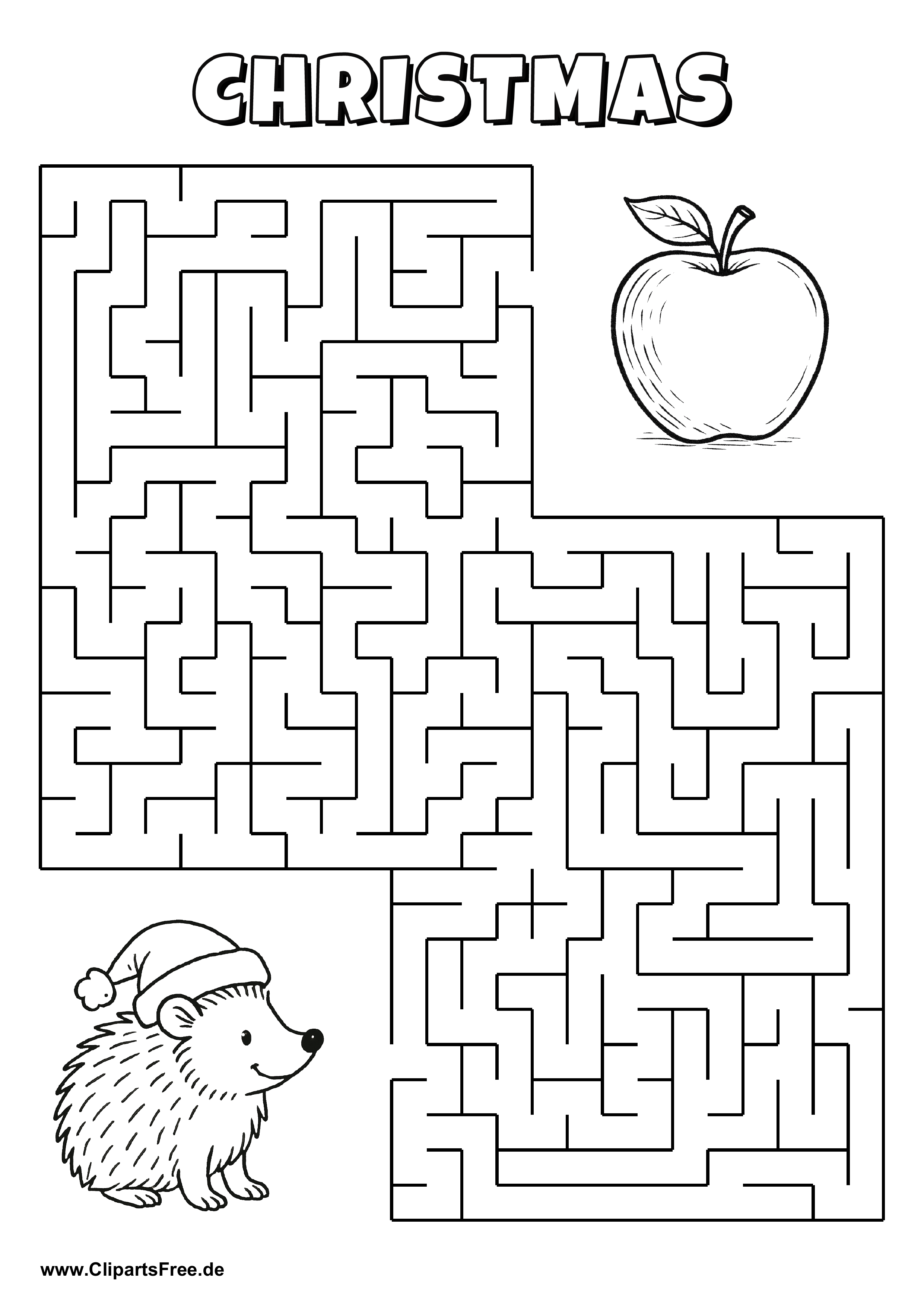 Hilf dem Igel, den Weg zum Apfel zu finden - Irrgarten, Rätsel zum Drucken