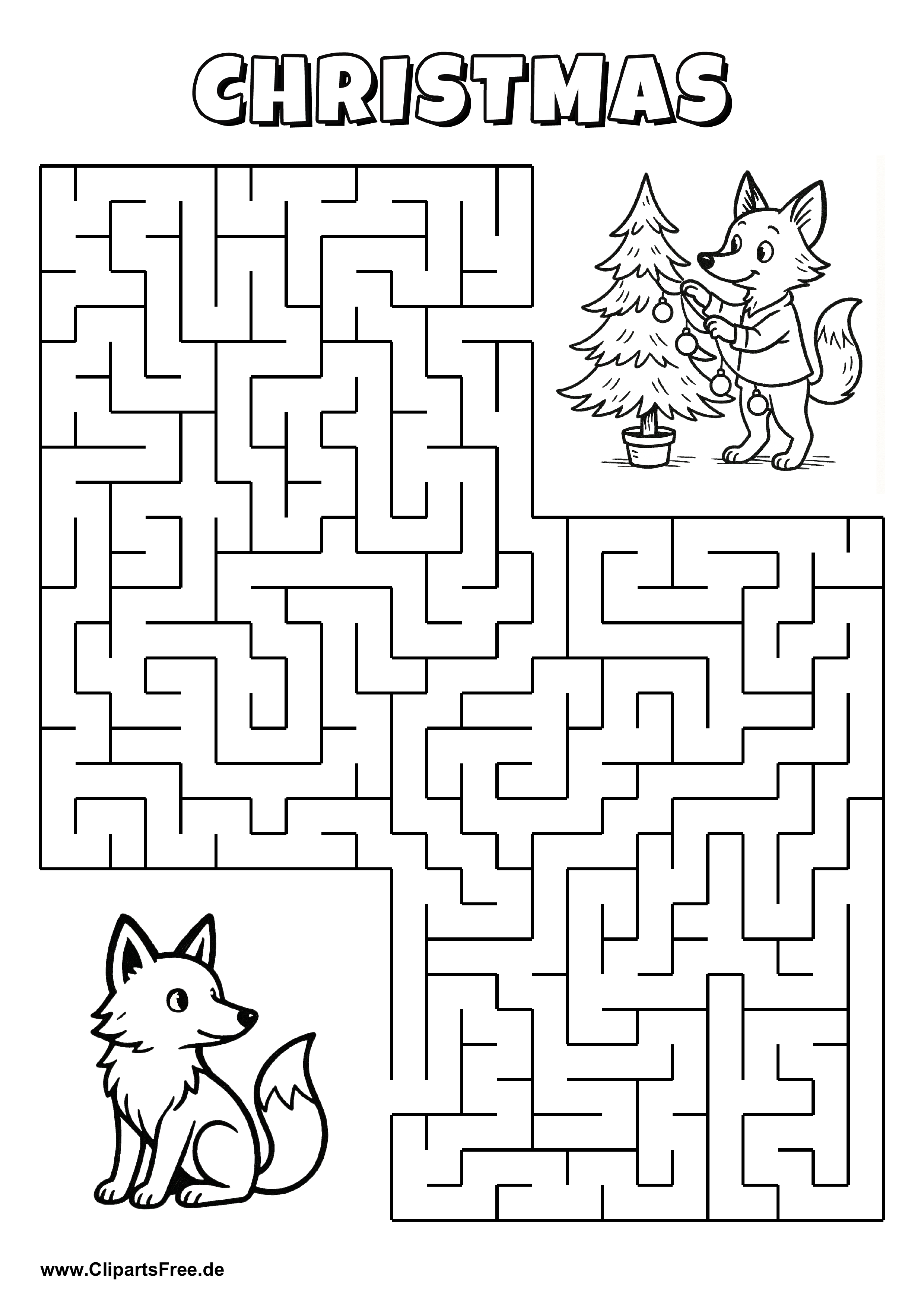 Labyrinth-Rätsel zum Drucken 'Fuchs mit Zuckerstange sucht den Weg zum