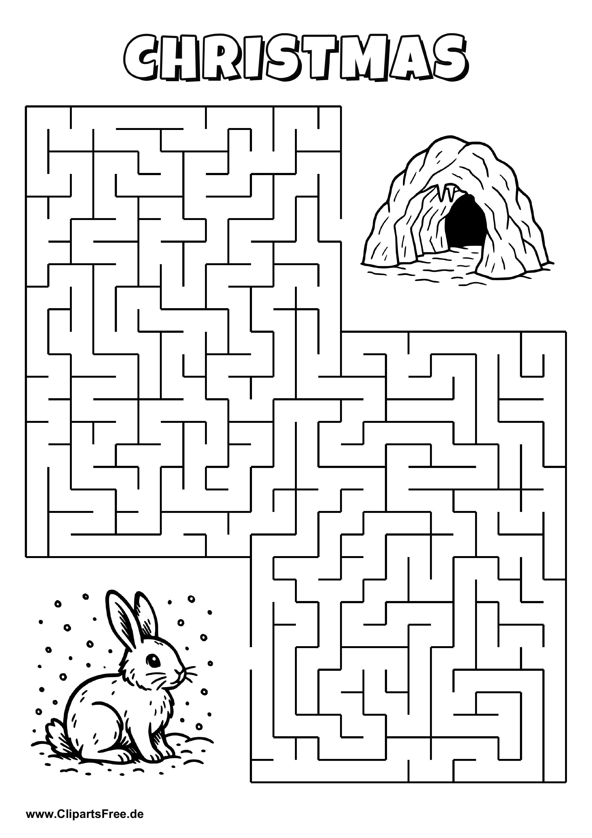 Labyrinth-Rätsel zum Drucken 'Hase sucht den Weg zur Höhle'