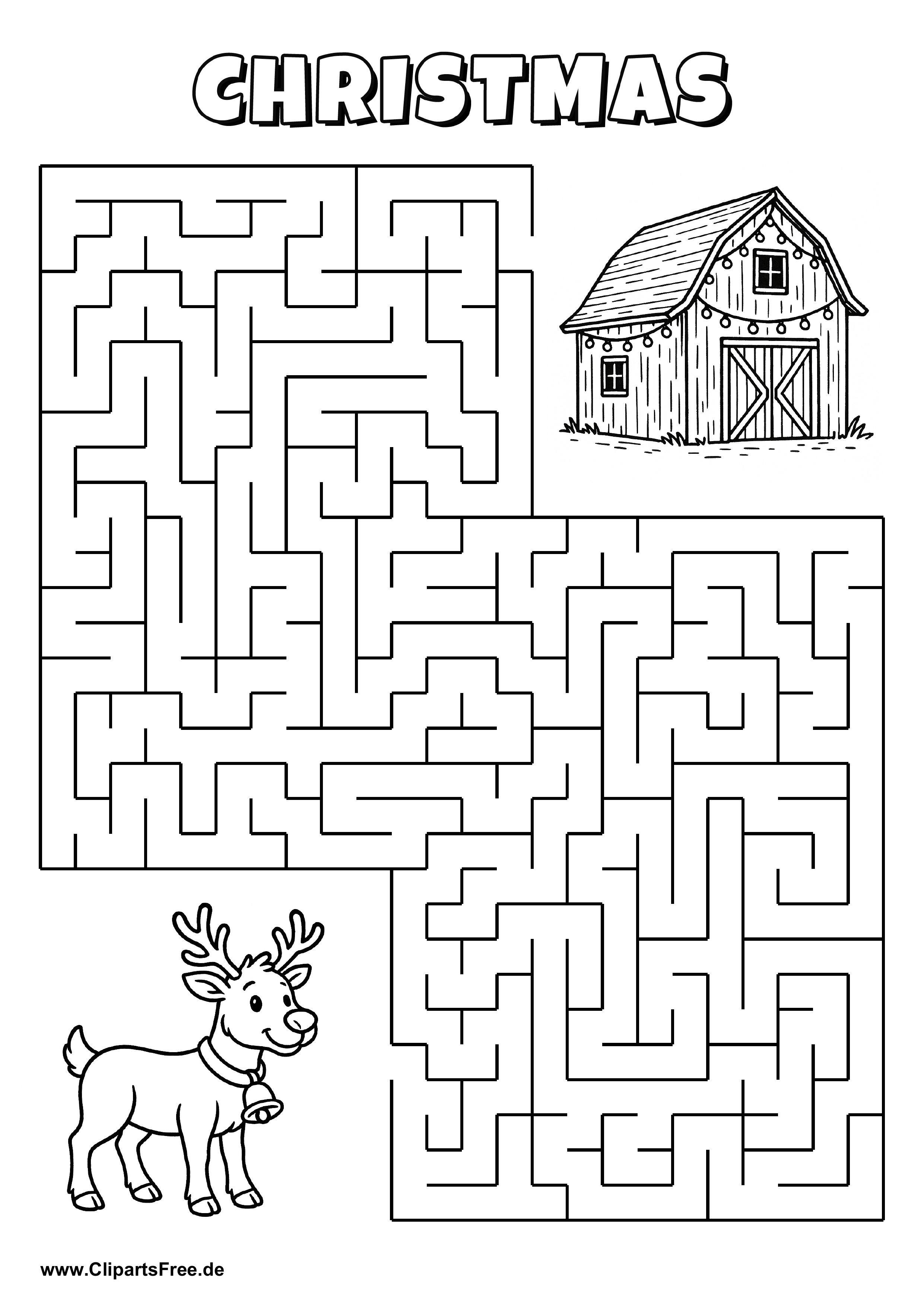 Labyrinth-Rätsel zum Drucken 'Rentier mit Glocke sucht den Weg zur
