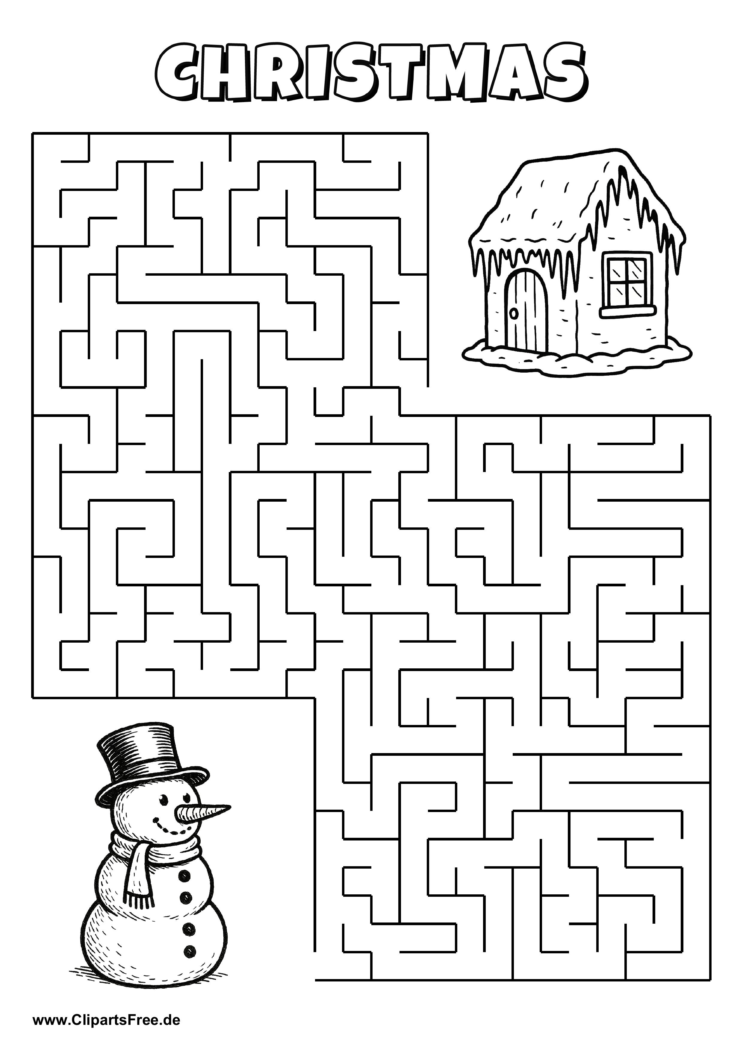 Labyrinth-Rätsel zum Drucken 'Schneemann mit Zylinder sucht den Weg zum