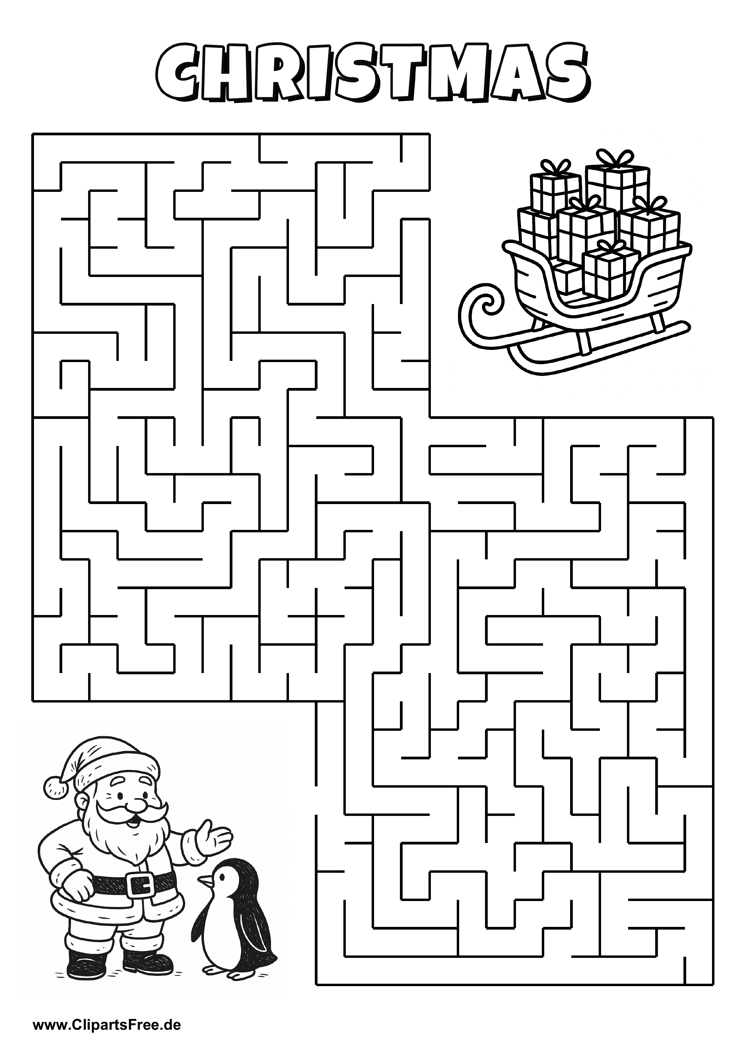 Labyrinth-Rätsel zum Drucken 'Weihnachtsmann und Pinguin suchen den Weg