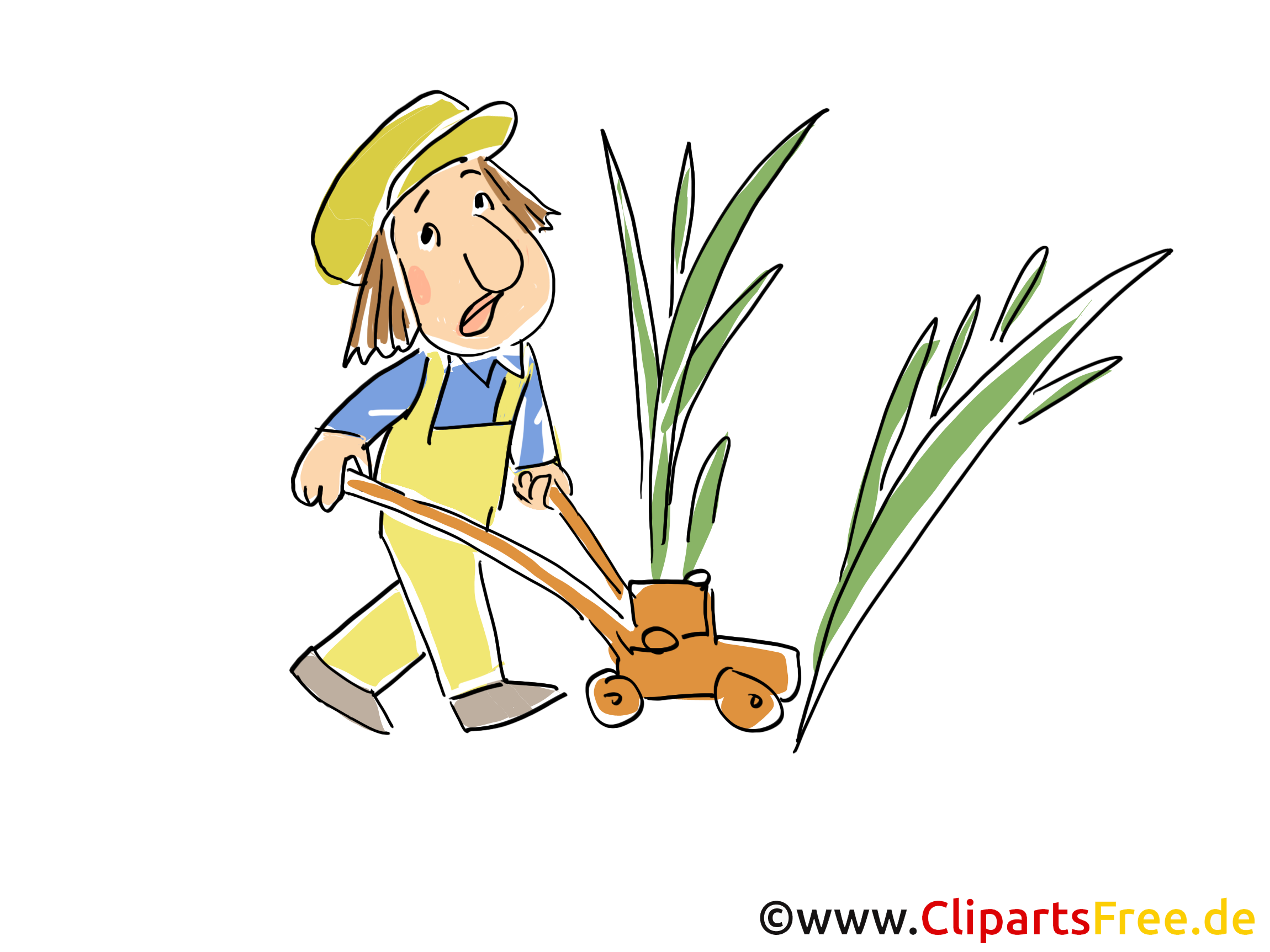 Gardener mows lawn cartoon clip art picture illustration. 