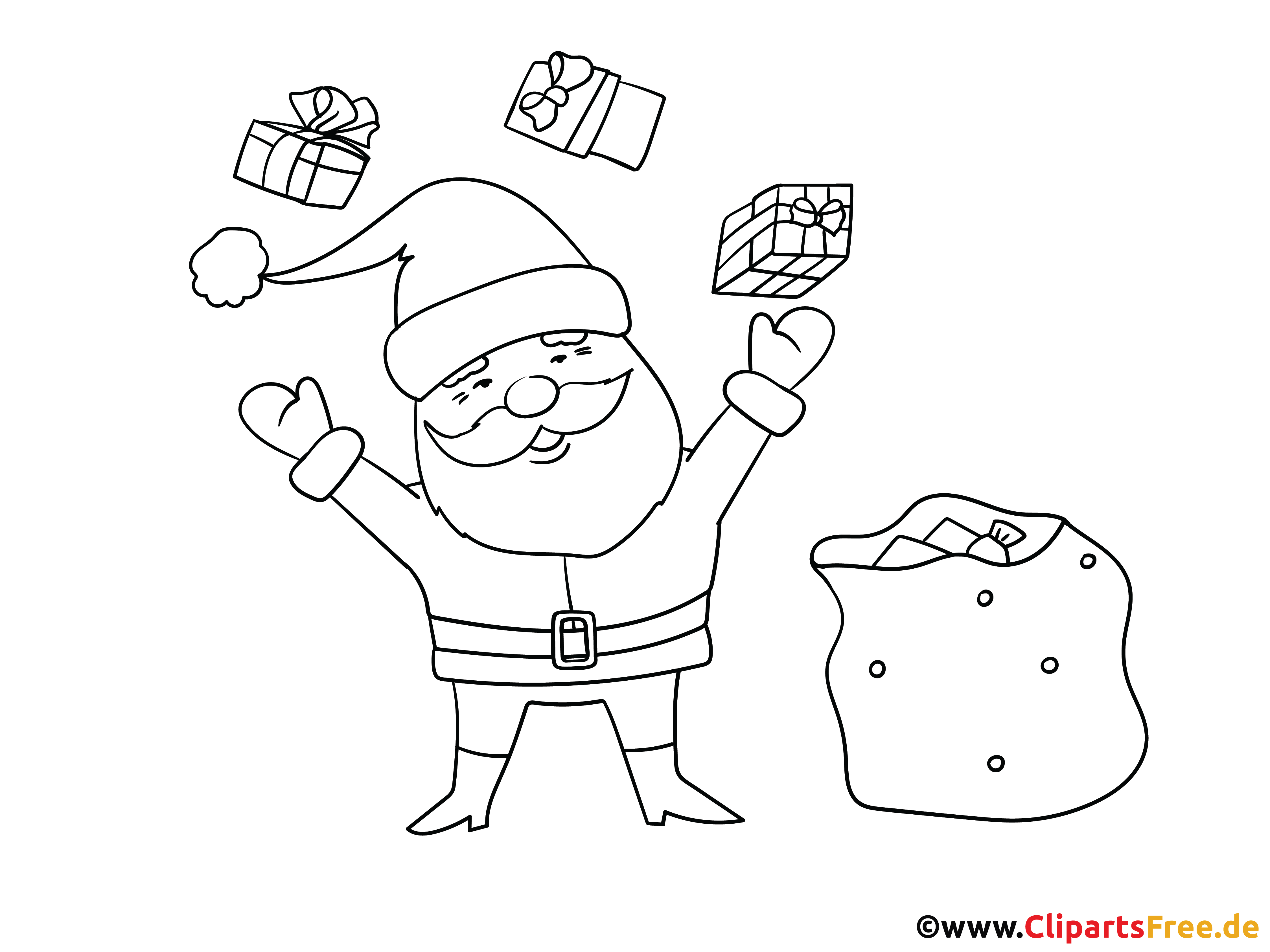 Ausmalbild Weihnachtsmann mit Geschenkensack