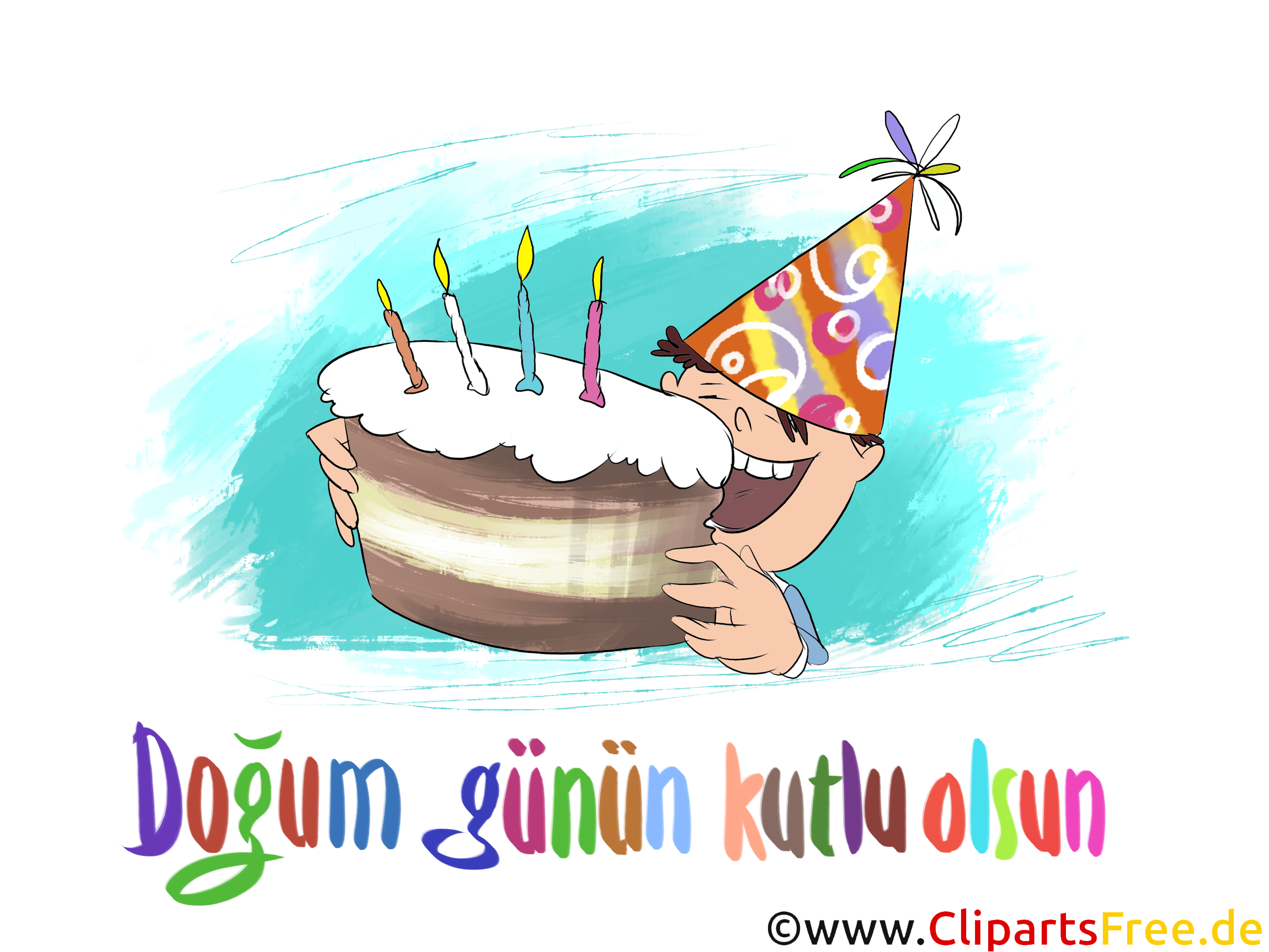 Kind mit Torte und Kerzen Gruss zum Geburtstag auf Türkisch, Clipart, Bild