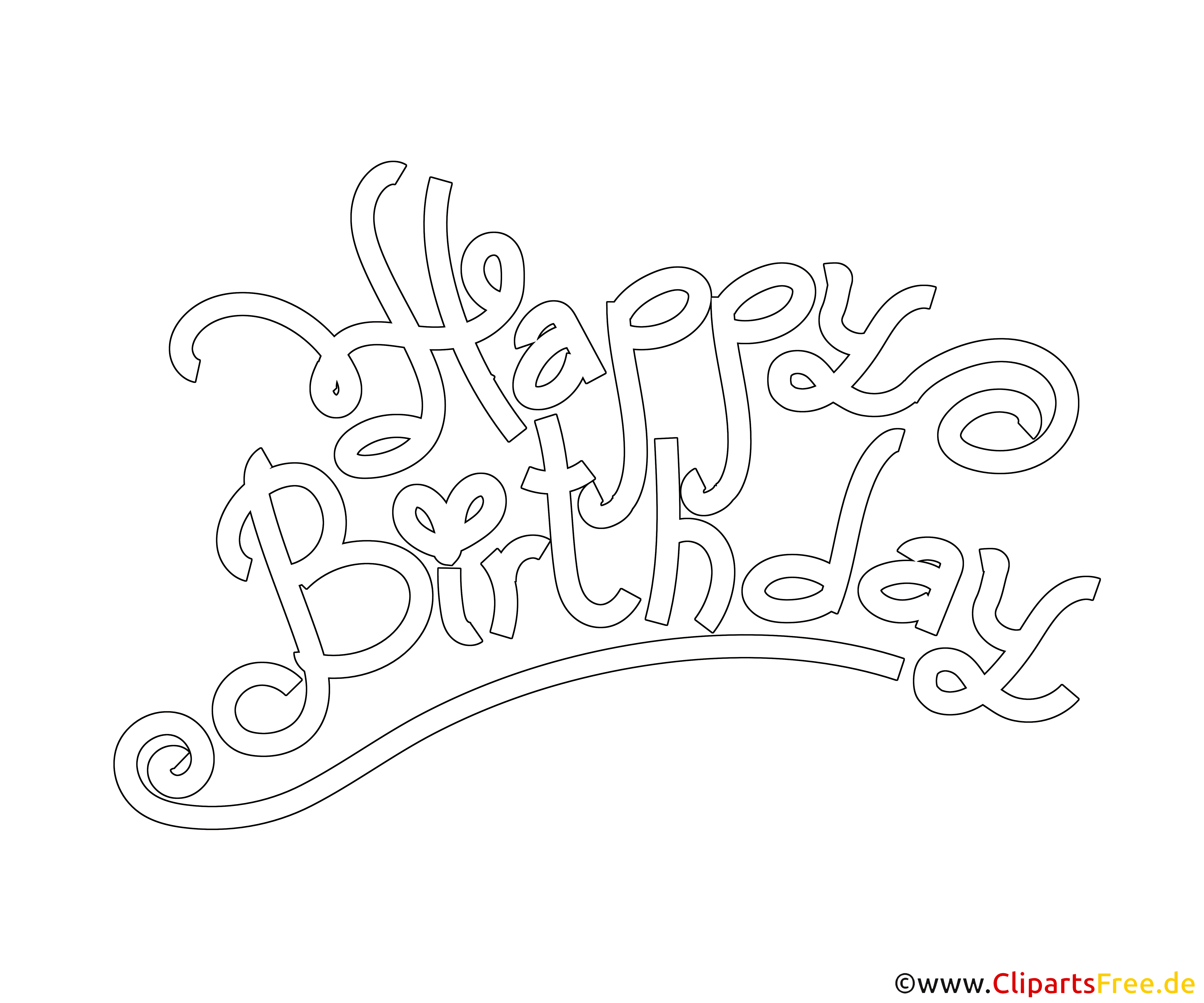 Schwarzweisser Text Happy Birthday zum Ausmalen