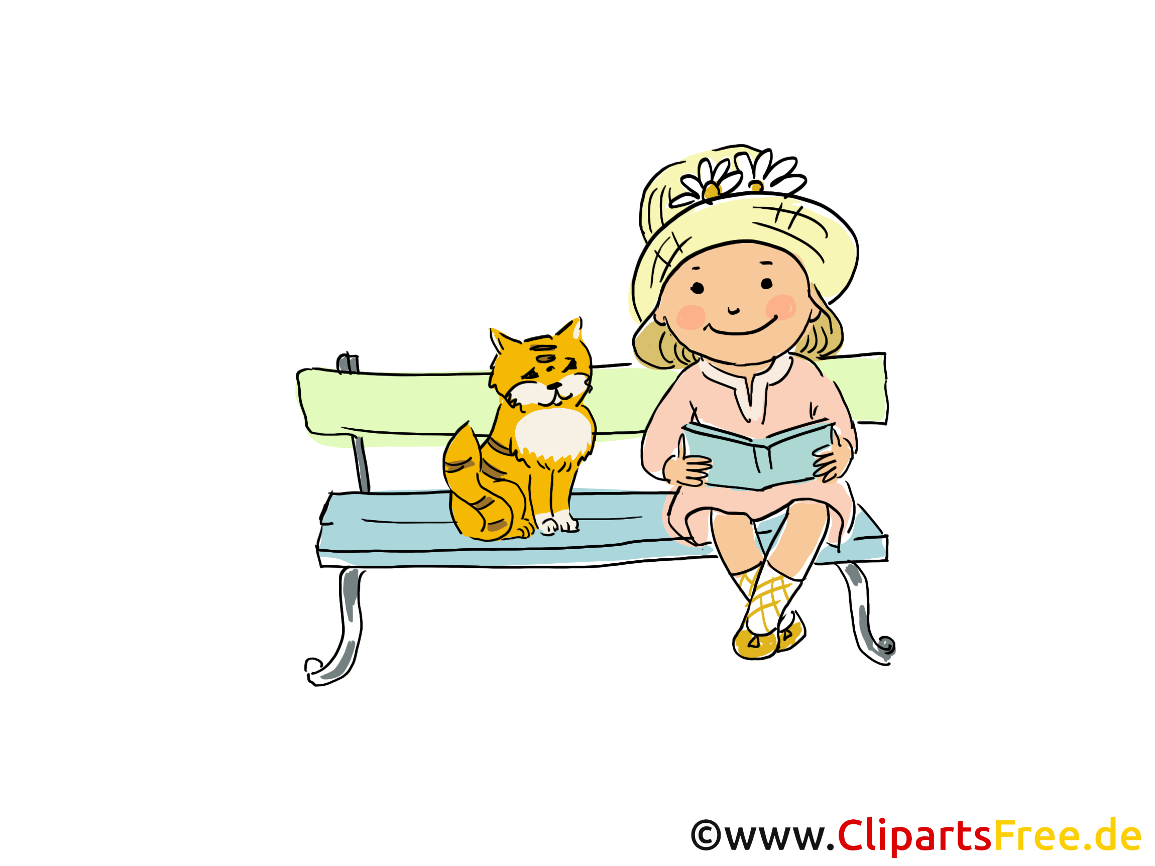 Mädchen sitzt auf der Bank und liest ein Buch Bild, Clipart, Cartoon