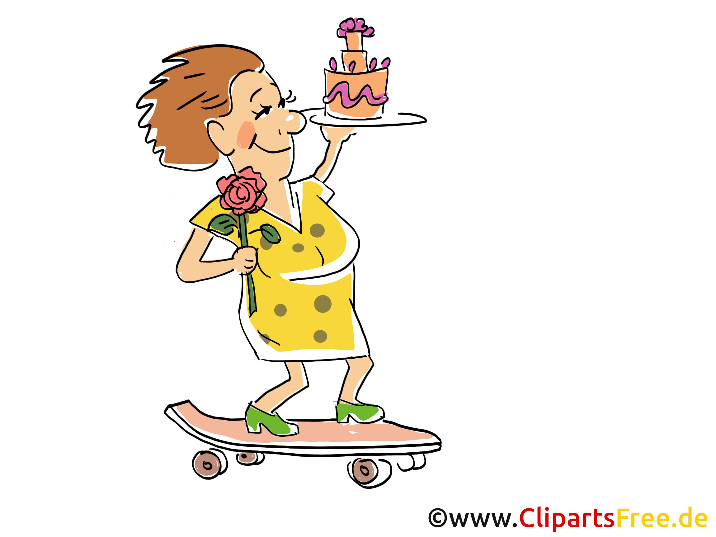 Frau mit Skateboard fährt zum Geburtstagsparty Cartoon, Clipart, Bild