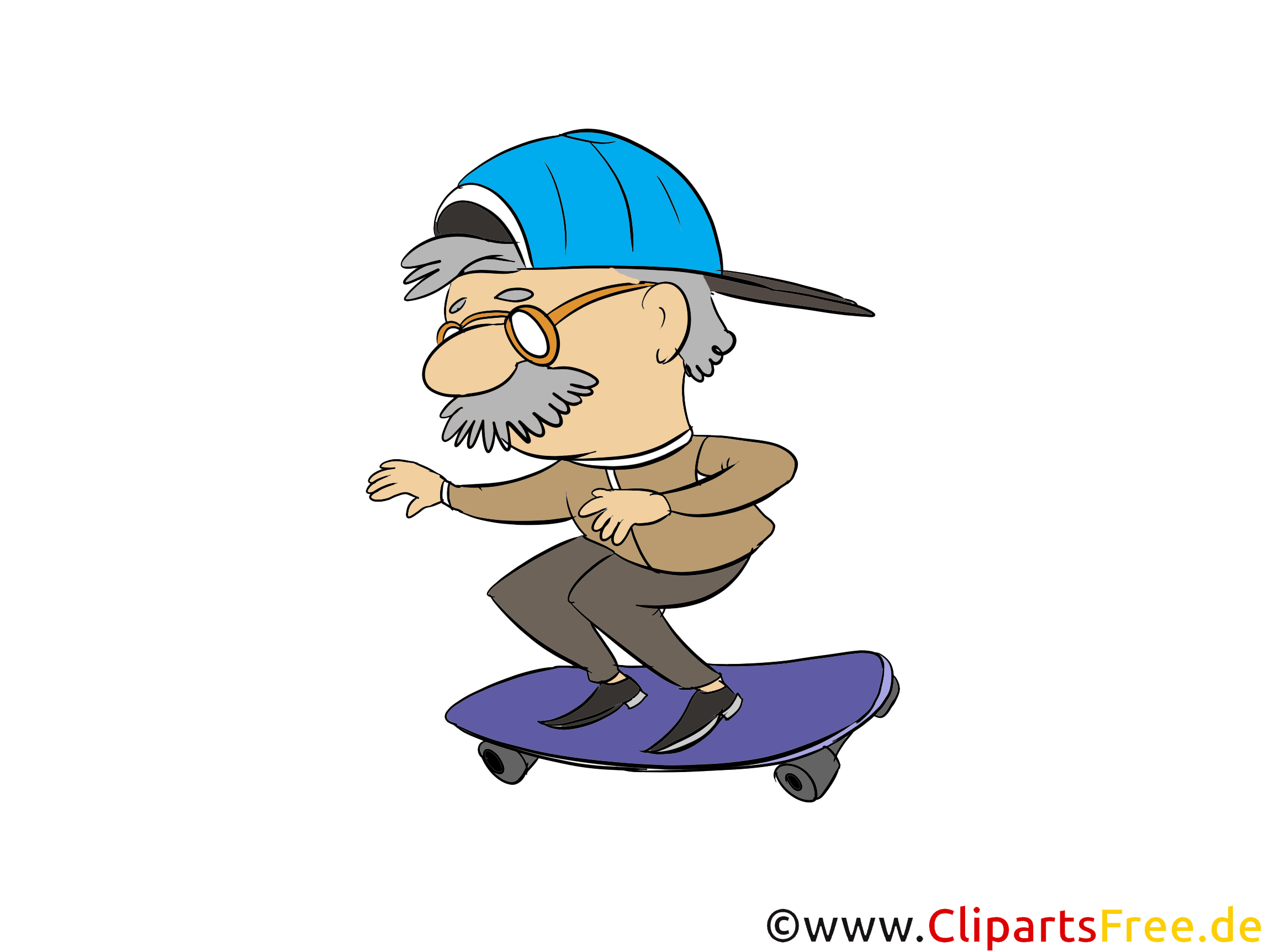 Sportlicher Opa fährt Skateboard Cartoon, Clipart, Bild, Illustration