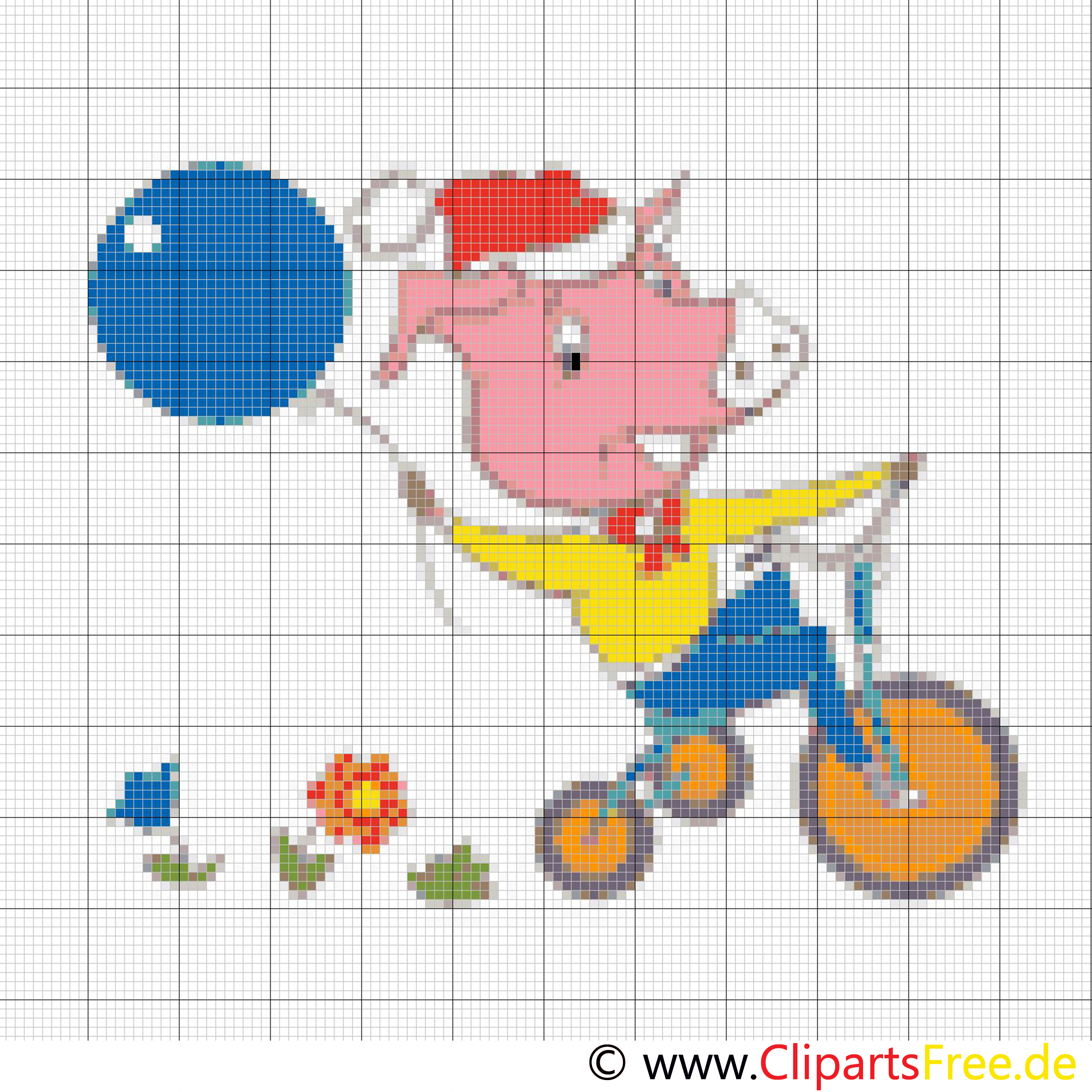 Stickmuster Kreuzstich kostenlos Schweinchen auf dem Fahrrad