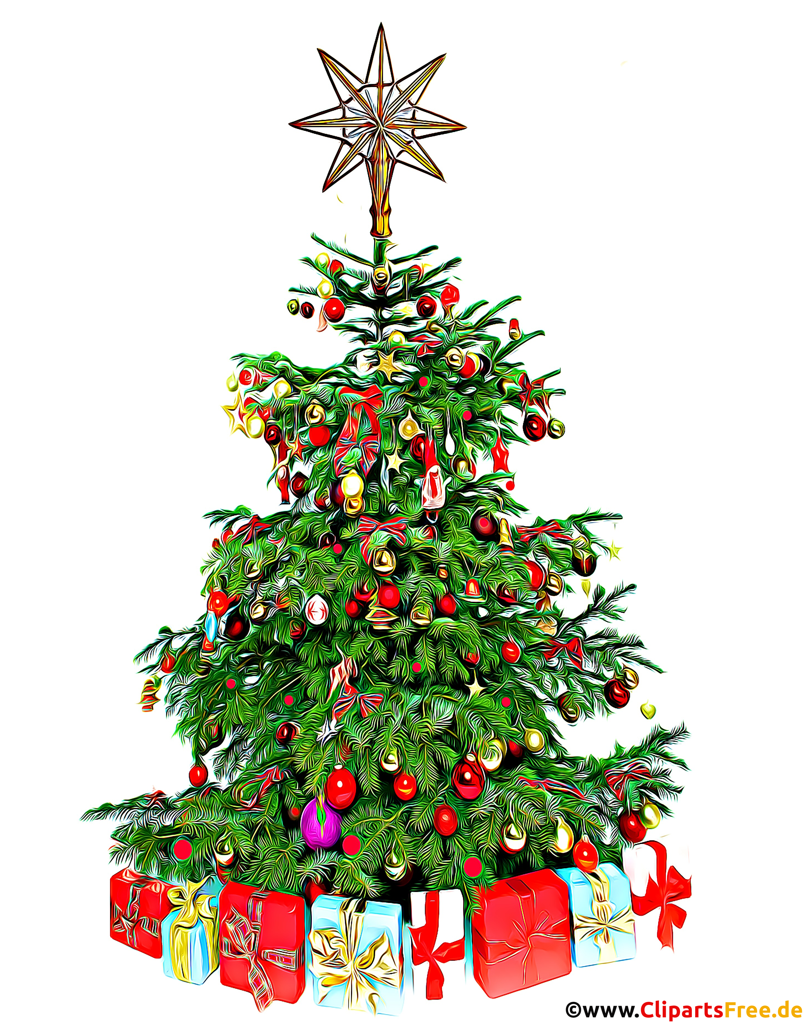 イラスト装飾が施された緑のクリスマスツリー