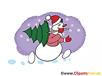 Image gratuite du nouvel an, clipart, dessin animé avec bonhomme de neige et arbre de Noël
