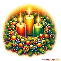Klipart vánoční věnec se svítícími svíčkami na 3. advent