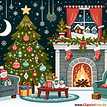 Værelse med juletræ og pejs clipart til advent