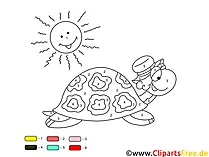 Kostenlose Malen nach Zahlen Malbögen zum Drucken Schildkröte, Sonne
